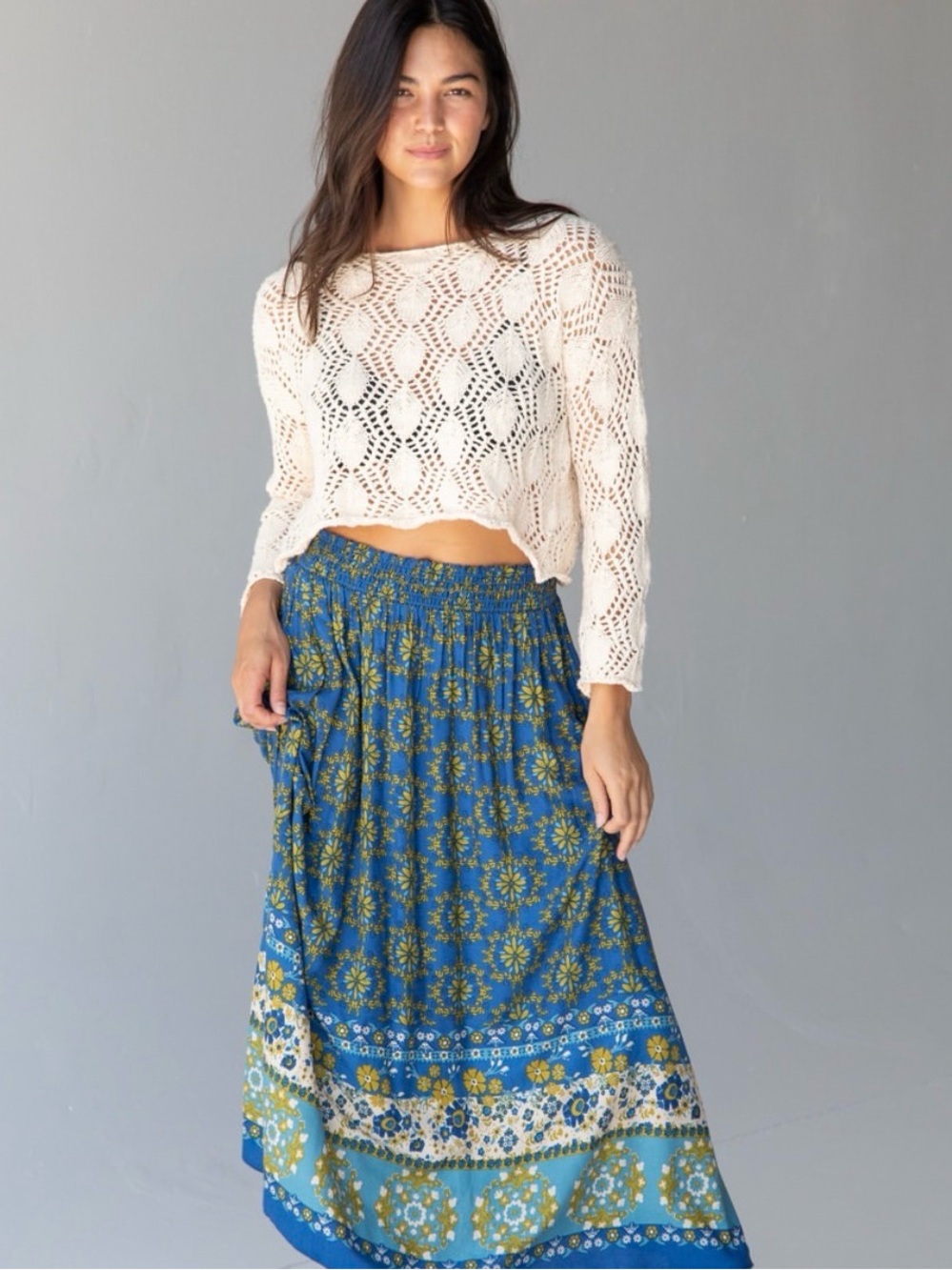 NATURAL LIFE Blue & Green Floral Tiered Maxi Skirt Boho Size M